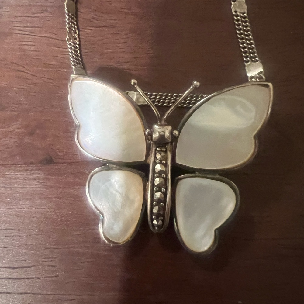 Estate piece Silver and White Butterfly Pendant Necklace with mother of pearl by